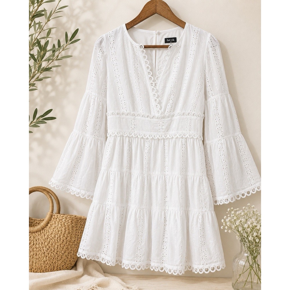 fab'rik White Eyelet Dress M 100% Cotton Bell Sleeve Boho Cottagecore Tiered